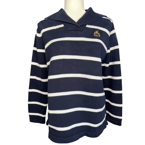 Lauren Ralph Lauren Navy White Striped Knit Sweater Small Petite Crest Preppy - Picture 1 of 9